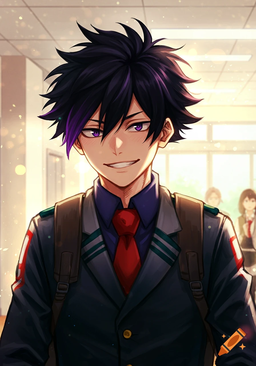 Anime portrait of a smiling young man in a school uniform.