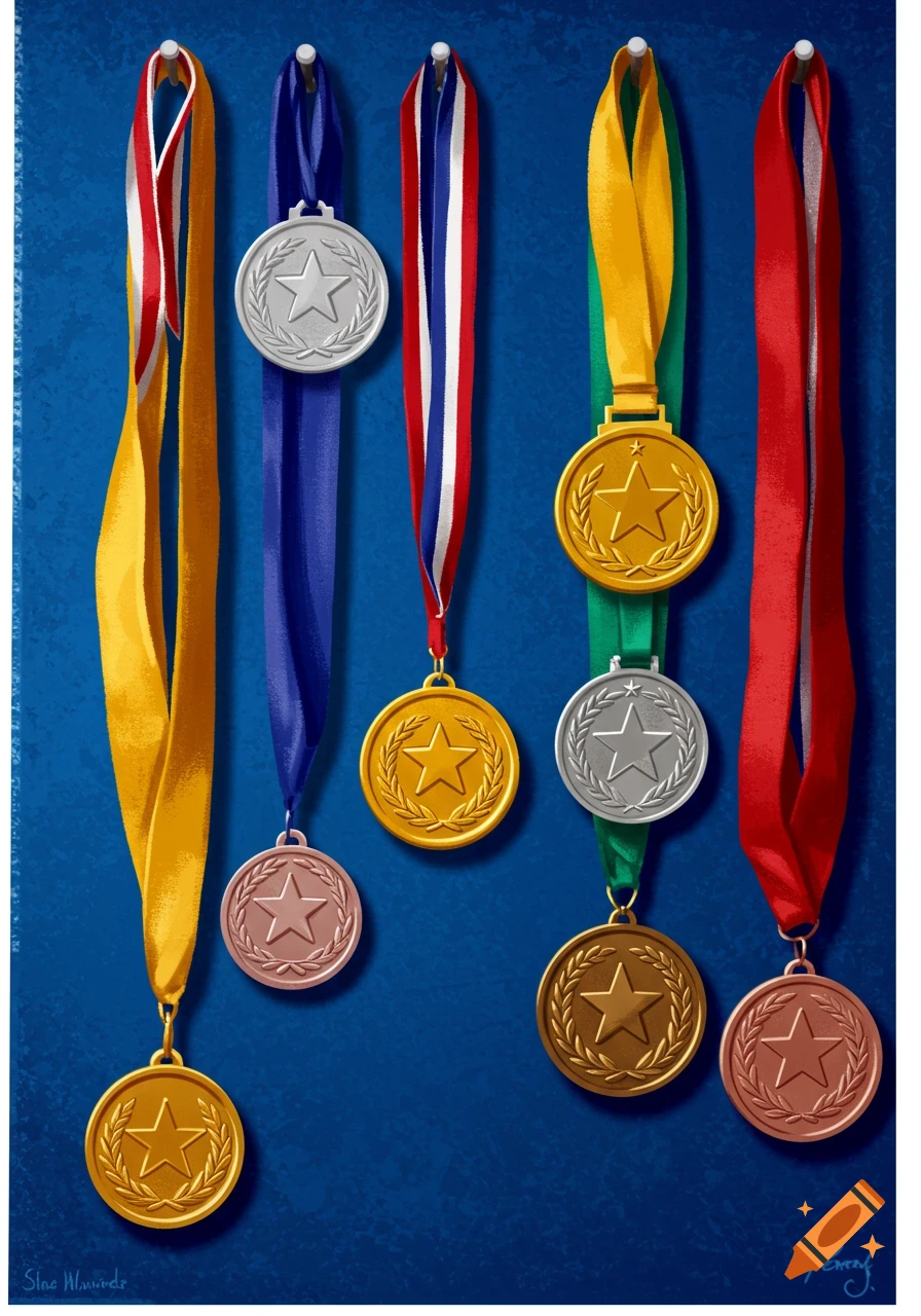 Medals with ribbons hanging on a blue wall.