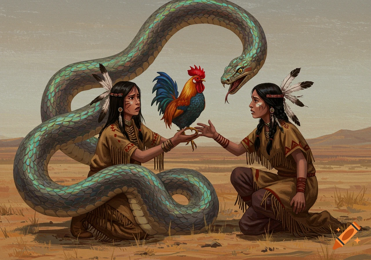 Two Native American women offering a rooster to a large snake in the desert, painted illustration.