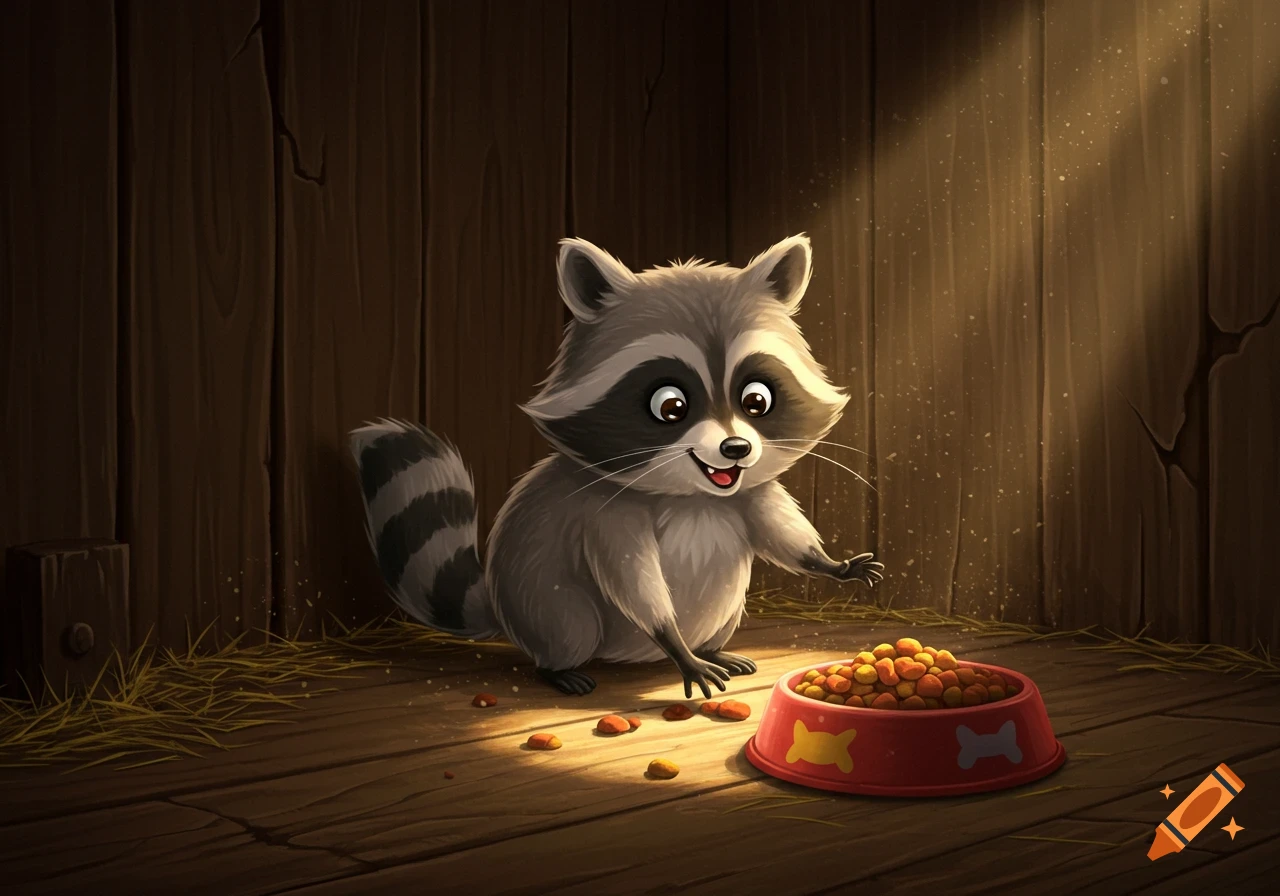 A cartoon raccoon reaches for a bowl of food in a barn.