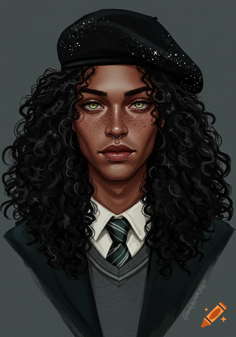 A portrait of a person with dark curly hair, green eyes, freckles, and piercings, wearing a black beret and school uniform tie.