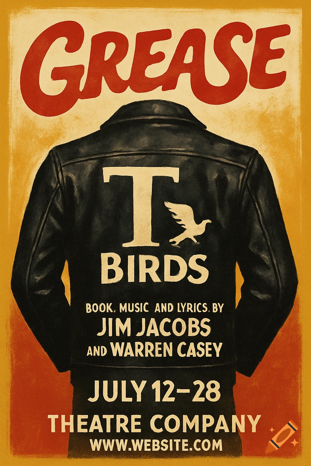 Theatre poster for Grease showing the back of a T Birds jacket with text 'T BIRDS' and a dove, and production details.