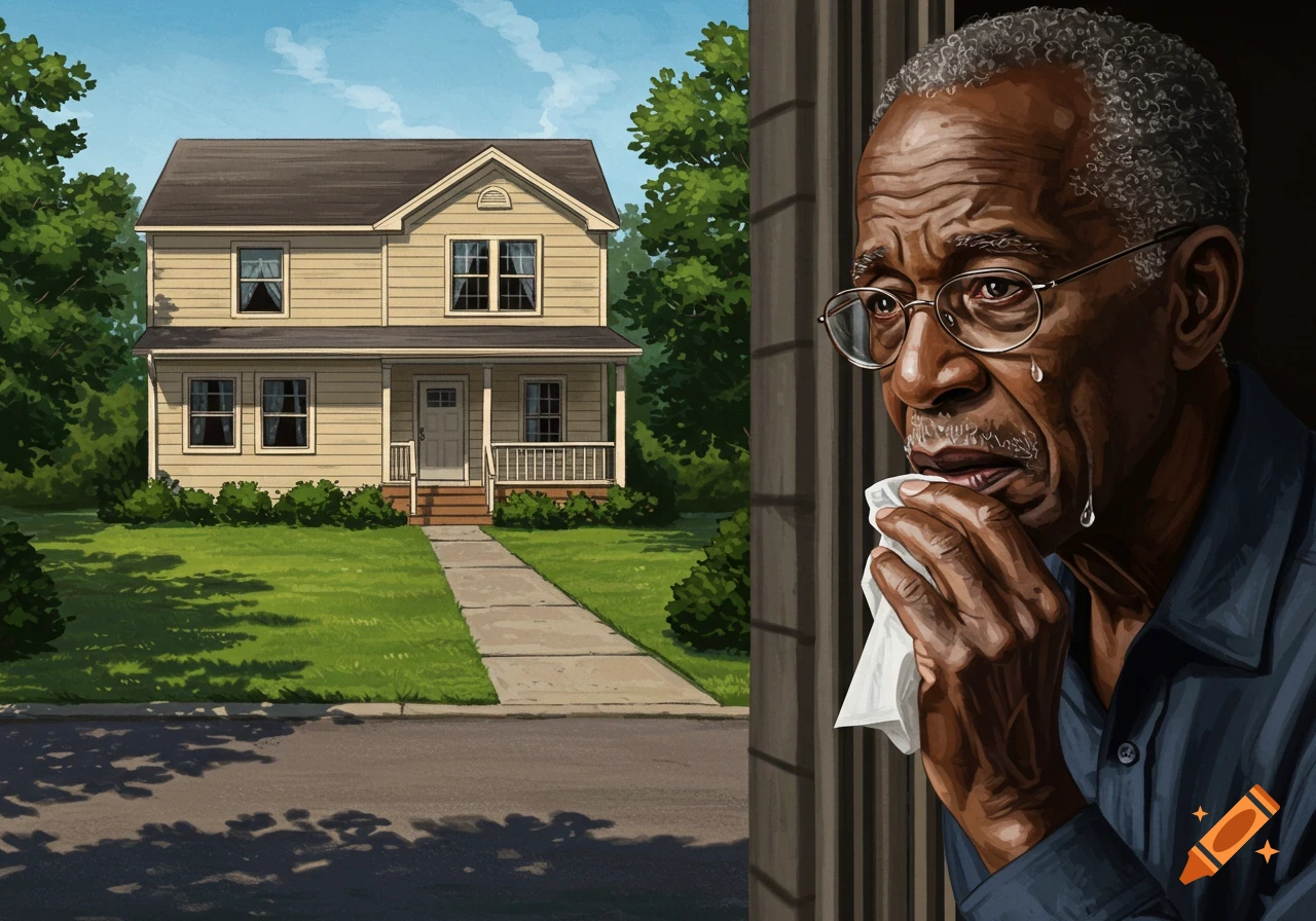 An old man cries, wiping his eyes, looking out a window at a house.