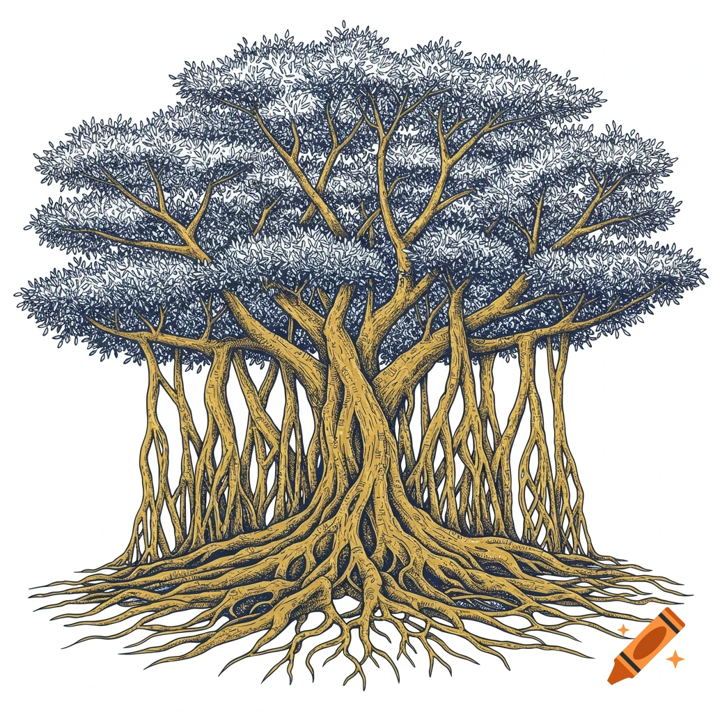Line art drawing of a banyan tree with gold branches and blue leaves/roots on a white background.