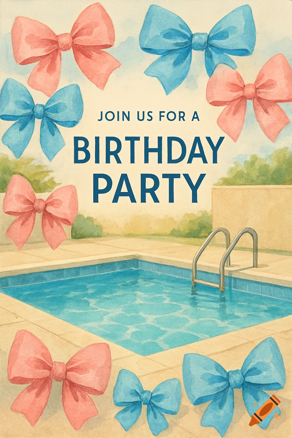 Watercolor illustration of a swimming pool surrounded by pink and blue bows with text 'JOIN US FOR A BIRTHDAY PARTY'.