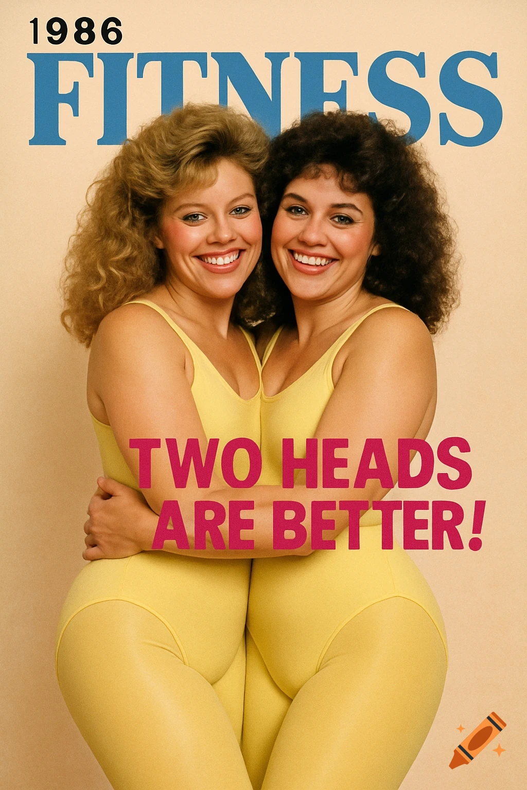 Two women in yellow fitness outfits hug, creating a two-headed illusion on an 80s magazine cover titled "1986 FITNESS" and "TWO HEADS ARE BETTER!"