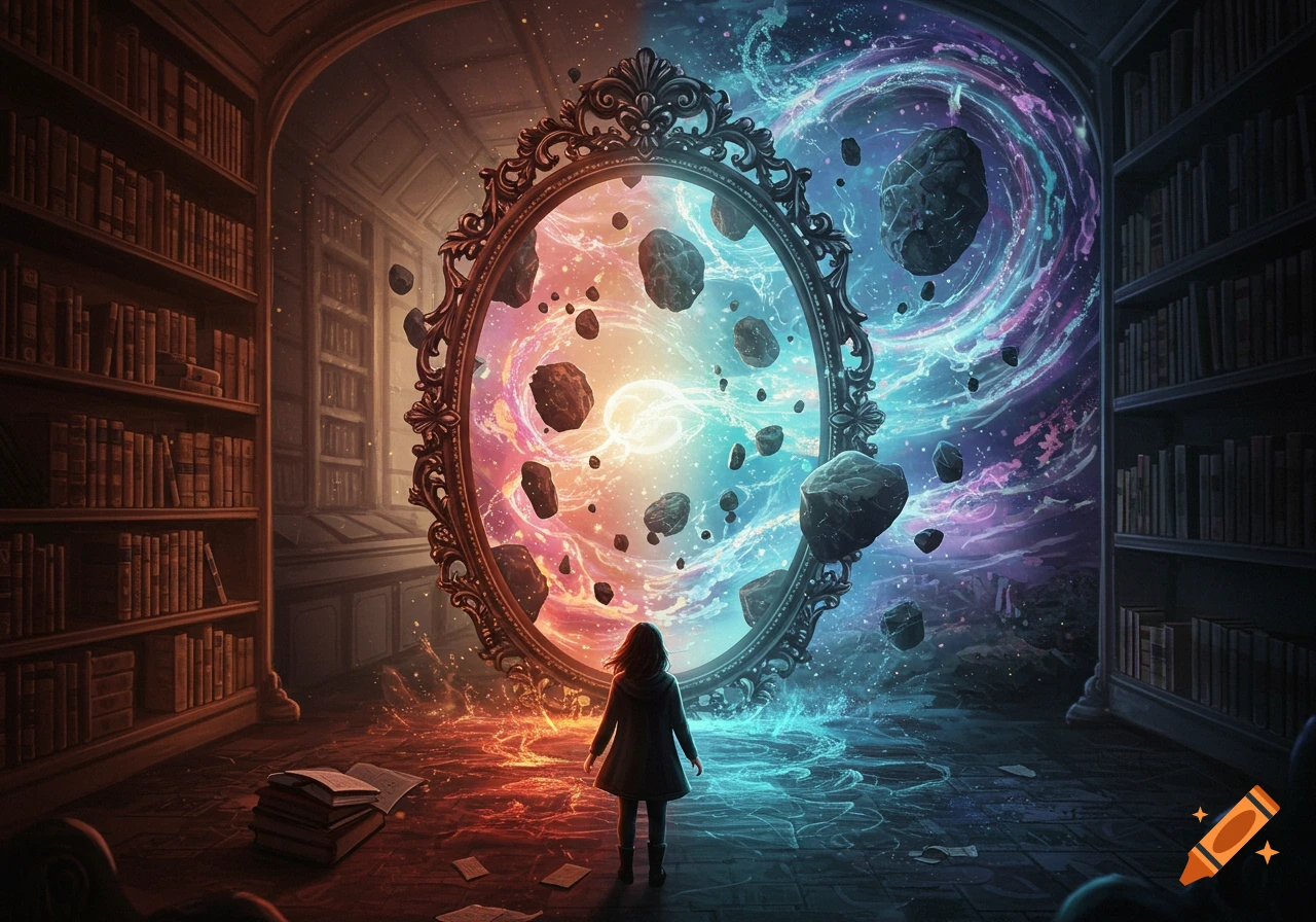A child stands before an ornate mirror portal showing swirling cosmic energy and floating rocks in a library.