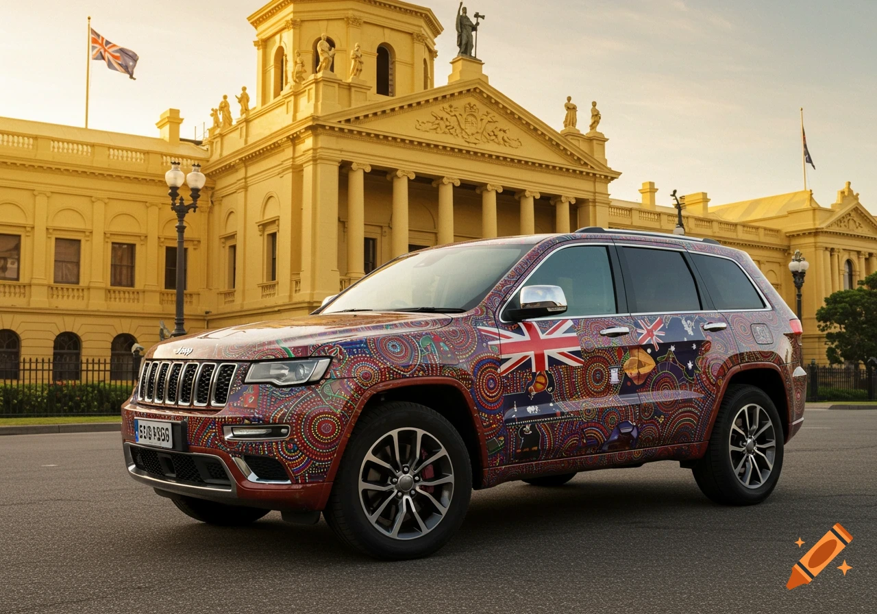 Jeep Grand Cherokee with Australian Aboriginal print wrap parked in front of a large yellow building.