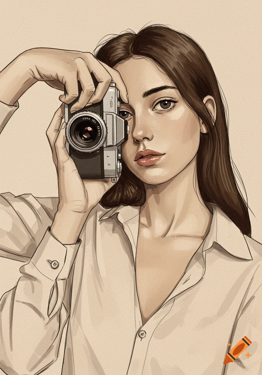 A drawing of a woman holding a camera to her face. on Craiyon