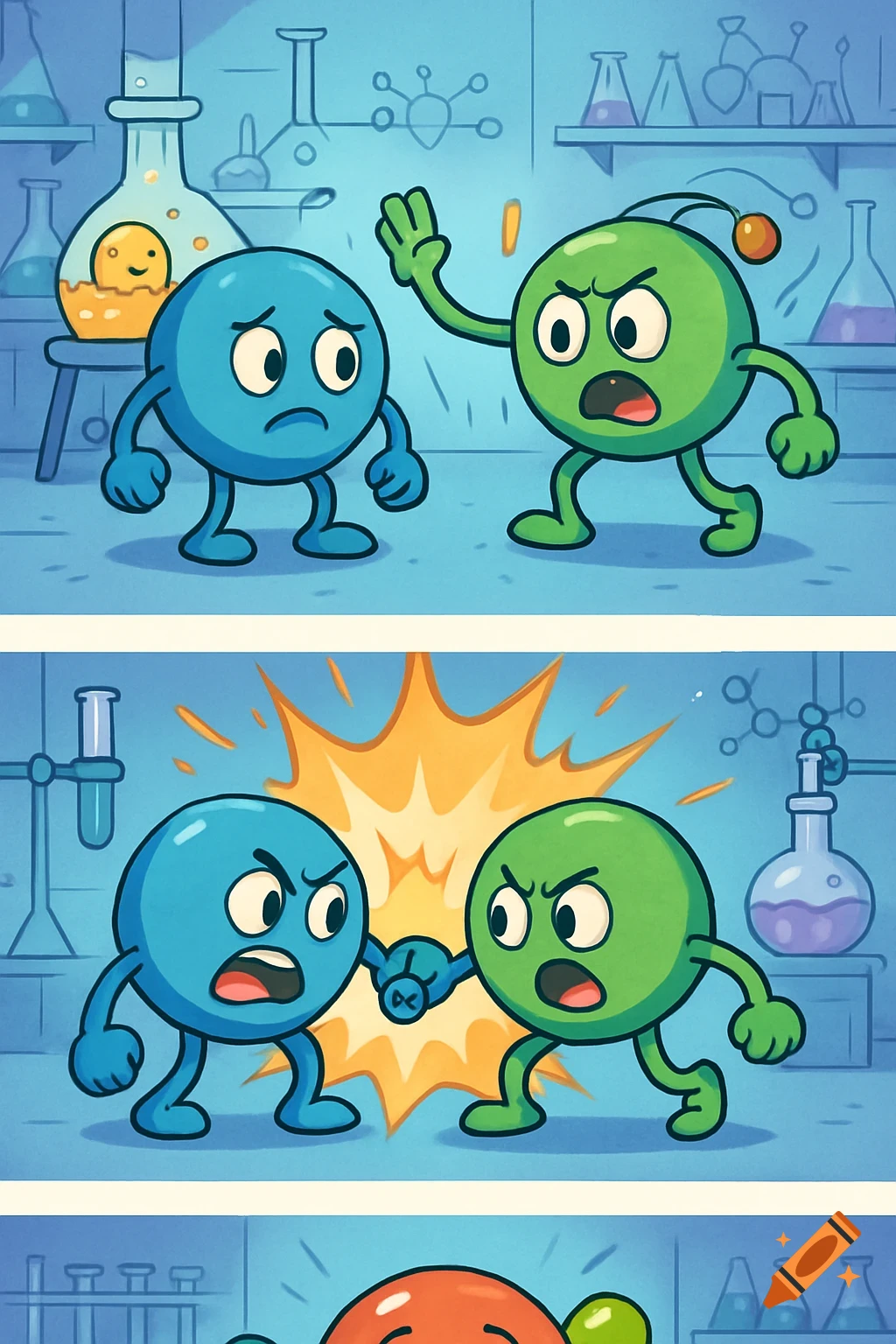 Cartoon comic strip of anthropomorphic atoms reacting in a lab