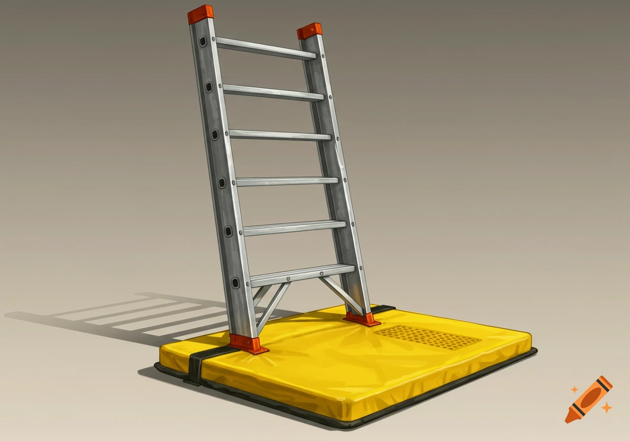 A ladder standing on a yellow inflatable safety mat.