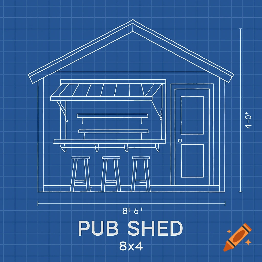 A white line drawing blueprint of a pub shed on a blue grid background, showing dimensions.