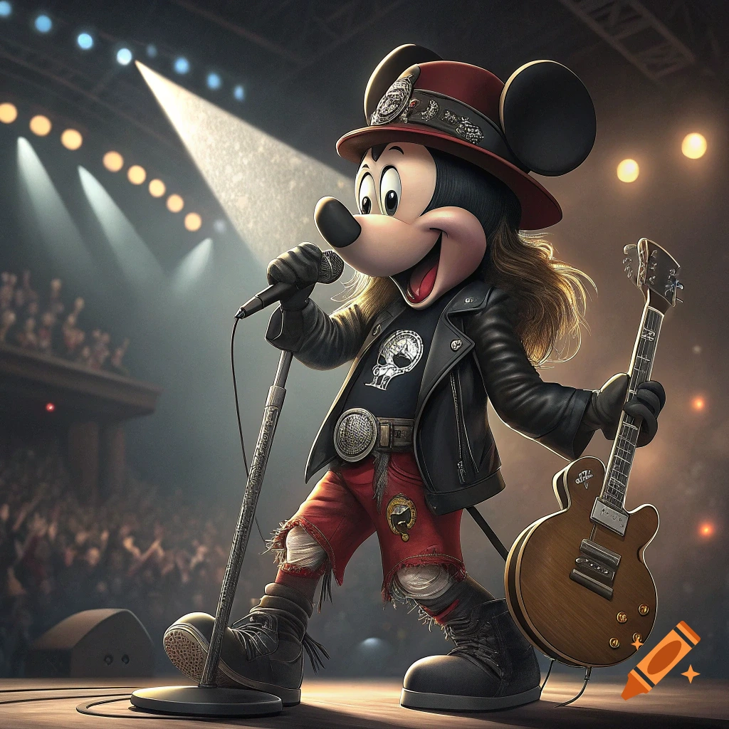 Mickey Mouse dressed as Axl Rose performing rock music on stage with a guitar and microphone.
