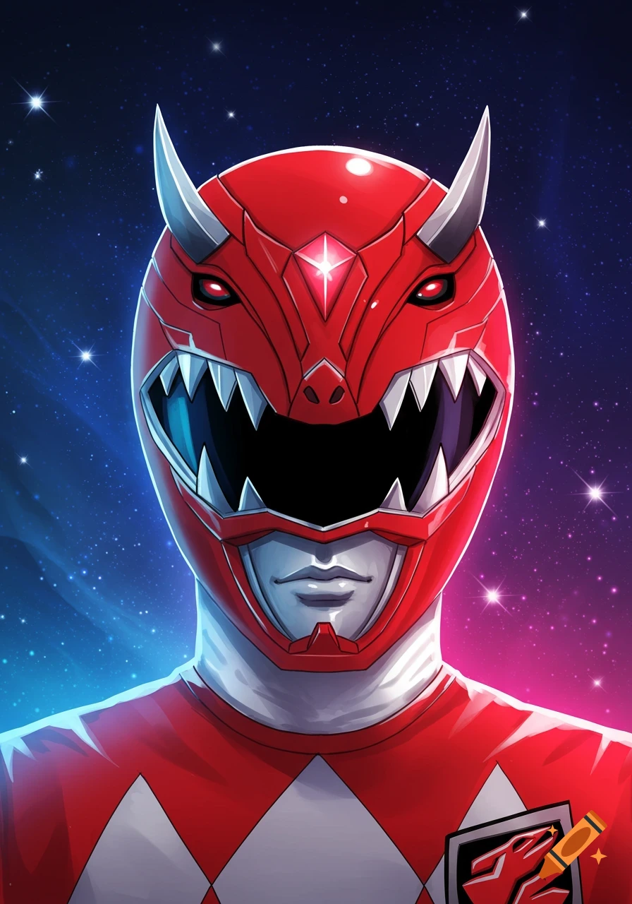 A close-up digital illustration of the Red Power Ranger helmet with dragon or dinosaur features against a starry space background.