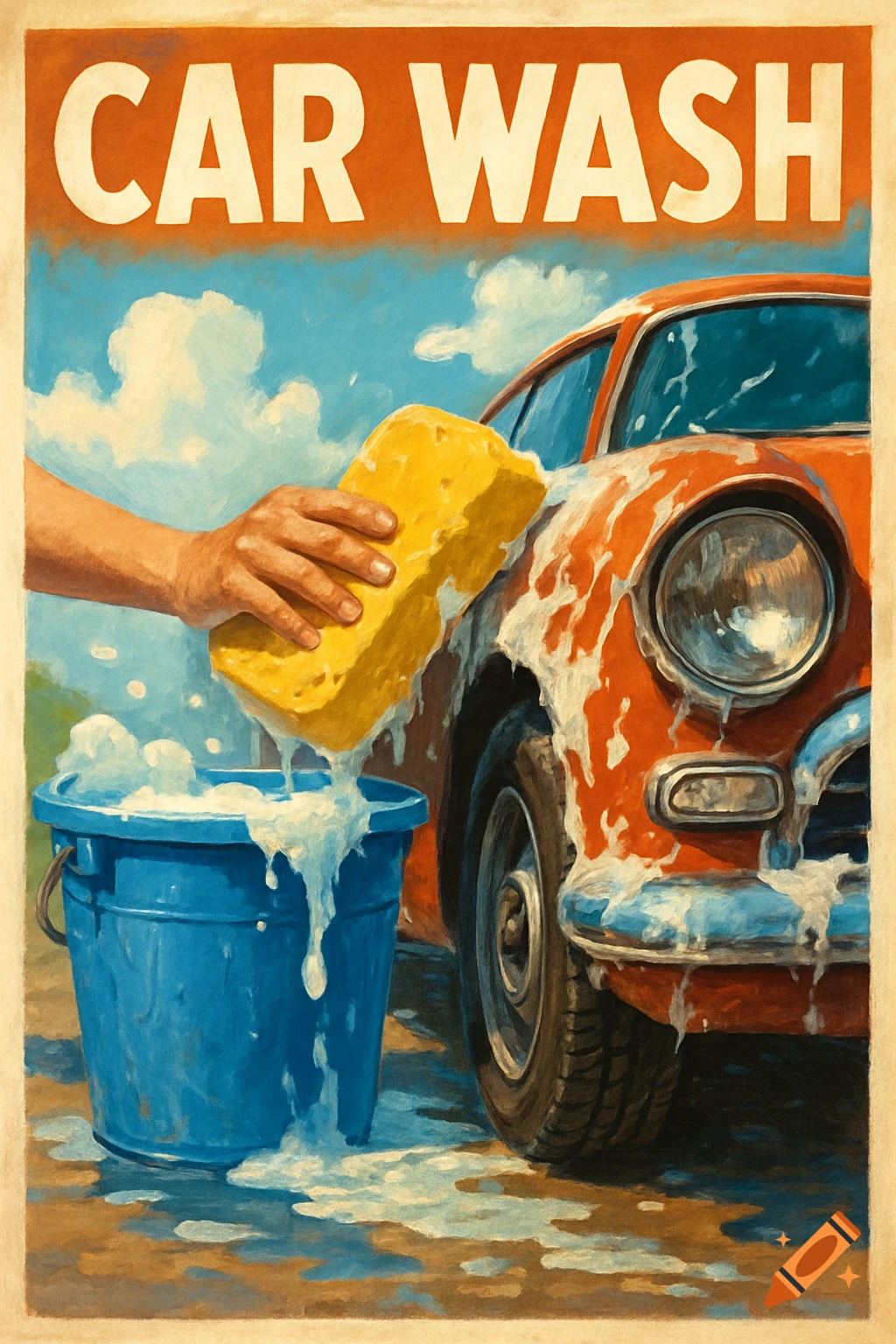Vintage poster illustration of hand washing car with sponge and bucket, text "CAR WASH".