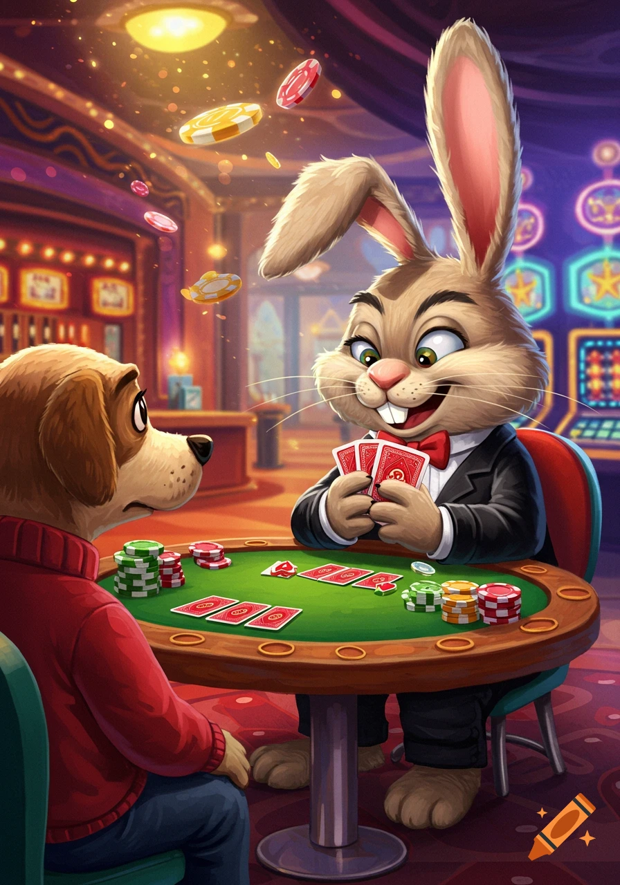 Cartoon rabbit and dog playing poker at a casino table.