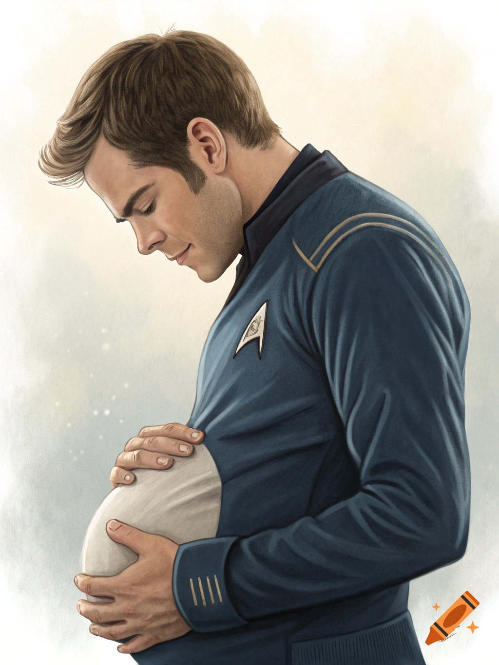 Man in blue uniform with Starfleet badge holding his pregnant belly