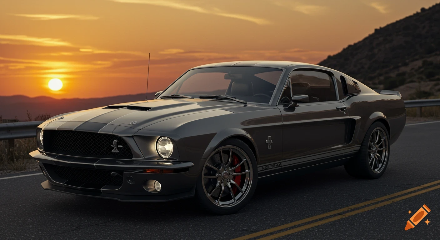Dark gray Shelby GT 500 classic car on a road at sunset, photorealistic.