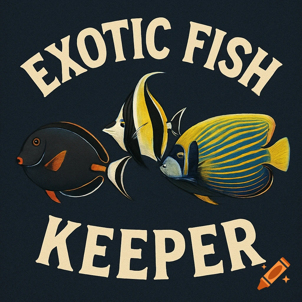 Illustration of three exotic fish (Achilles Tang, Moorish Idol, Emperor Angelfish) with the text EXOTIC FISH KEEPER.
