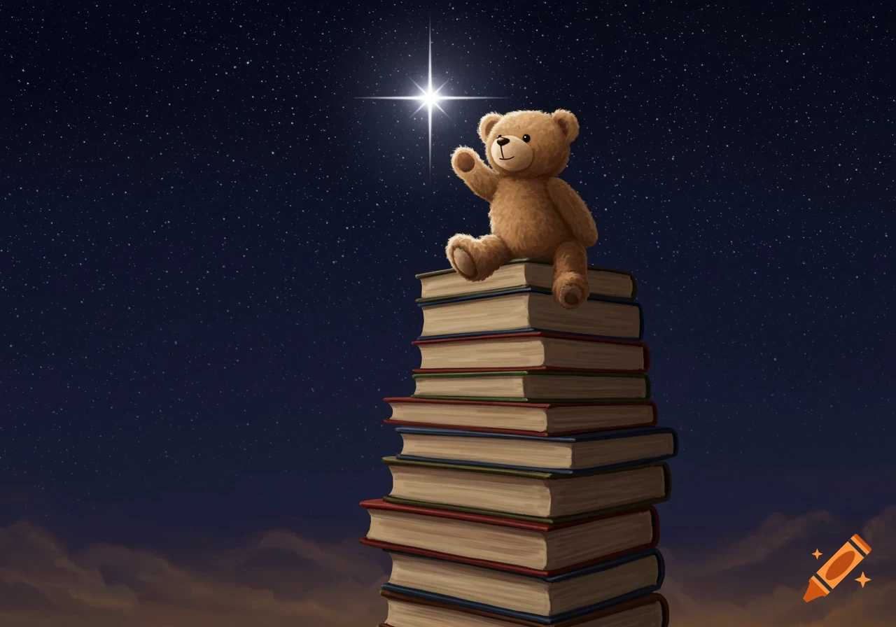 Illustration of a teddy bear on a stack of books, reaching for a star in the night sky.