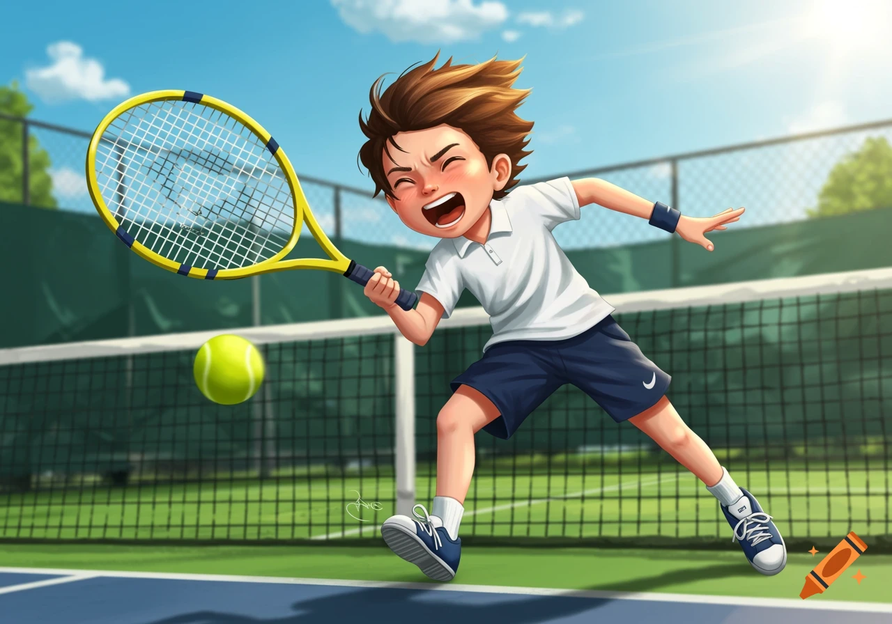 A young boy hits a tennis ball on a court in a bright, stylized illustration.