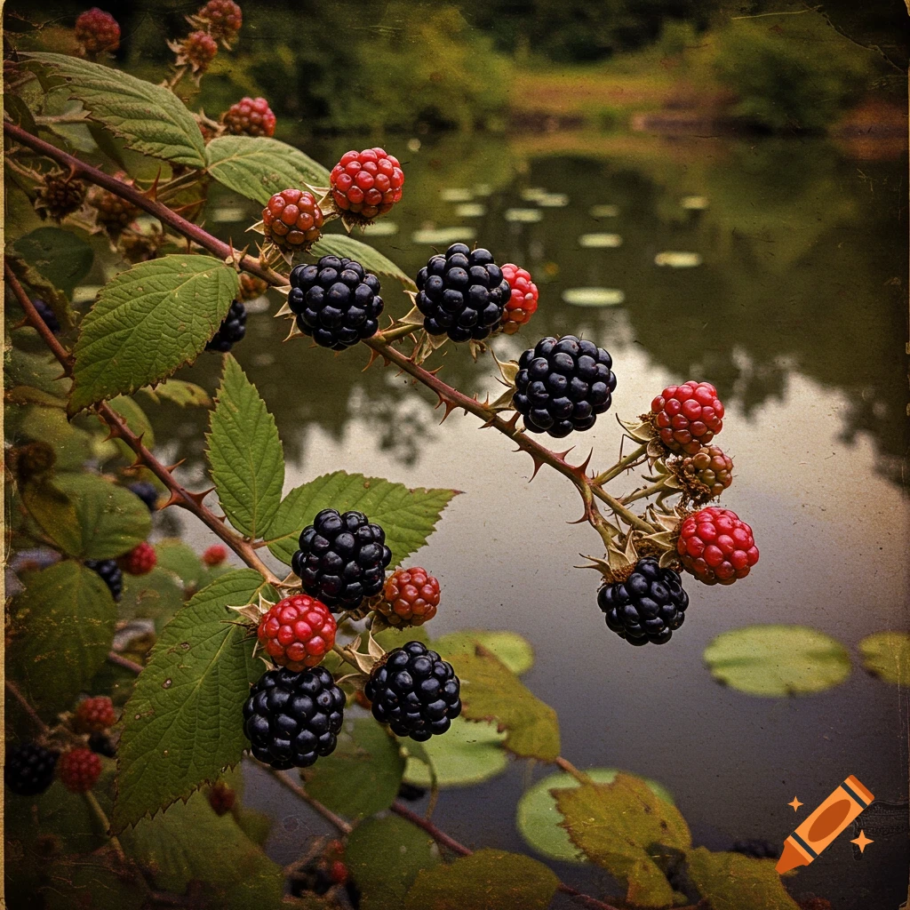 Close-up photo of black and red blackberries on a thorny bush overlooking a pond with lily pads.
