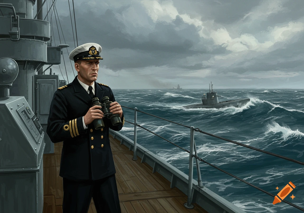 A painting of a naval officer on a ship looking through binoculars at a submarine in stormy seas.