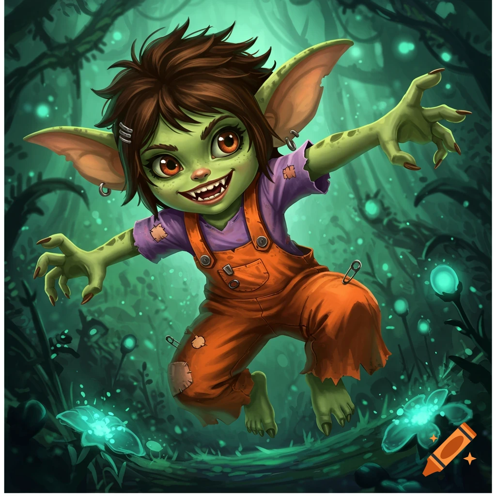 Cartoon gremlin creature jumps in a magical forest with glowing plants.
