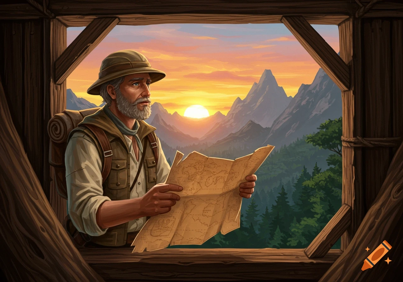 An explorer holding a map looks out from a window at a sunset over mountains and a forest.