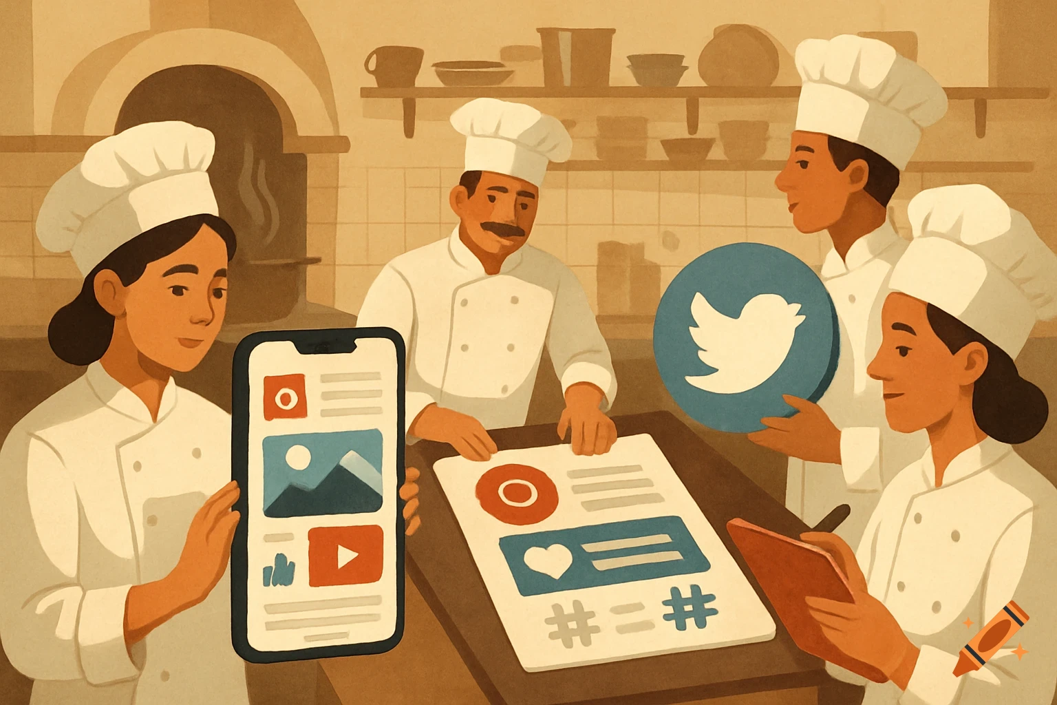 Twitter Layout Chef Illustration of chefs in a kitchen preparing social media content. on ...