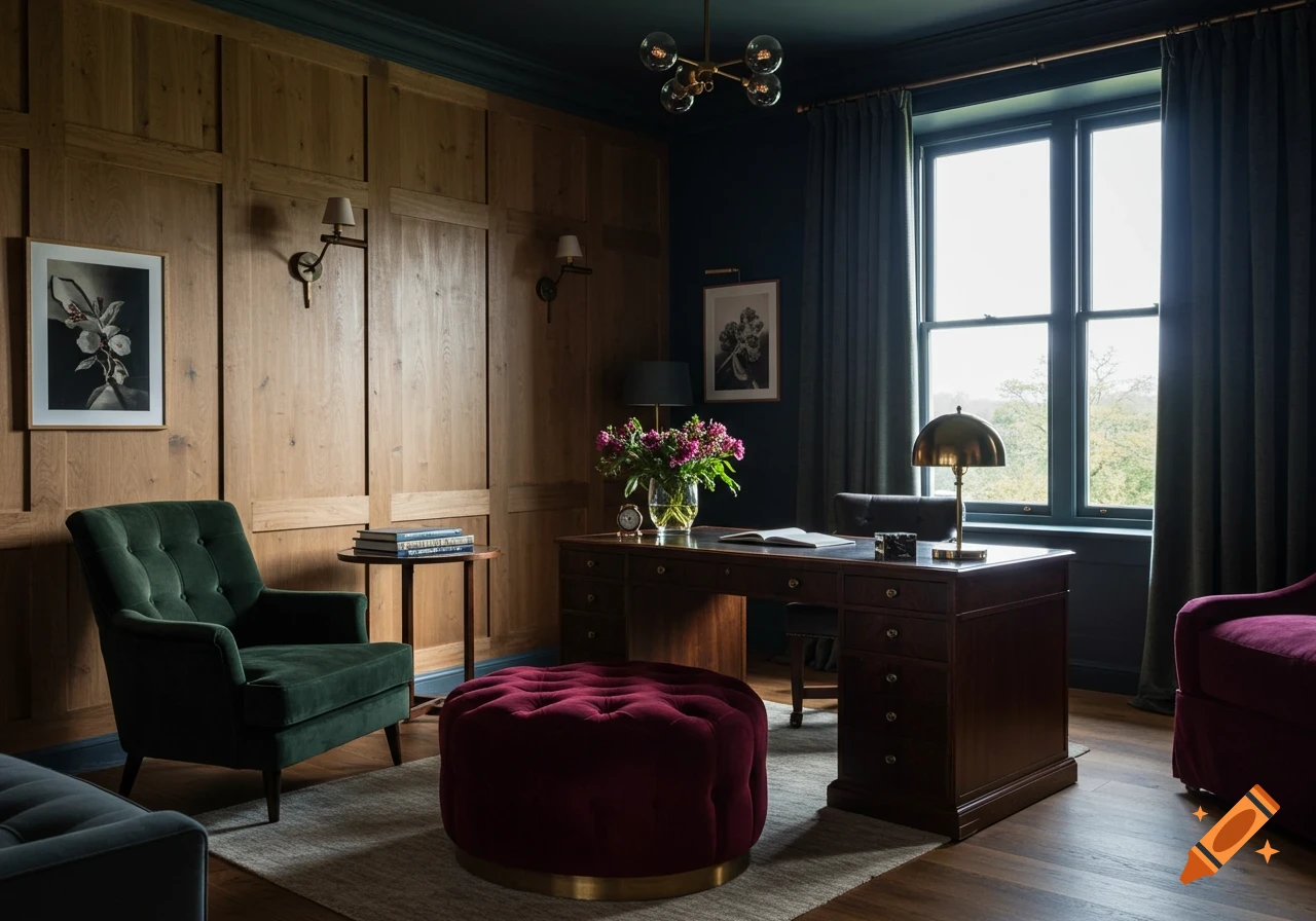 A traditional study with wood paneling, dark walls, green armchair, and burgundy ottoman.