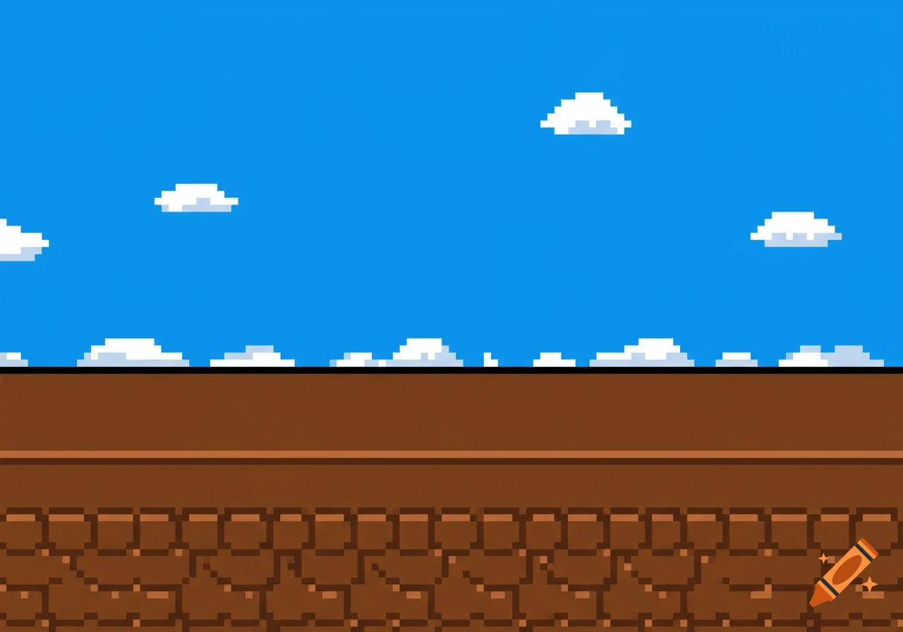 Pixel art 8-bit video game background with blue sky, clouds, and brown ground