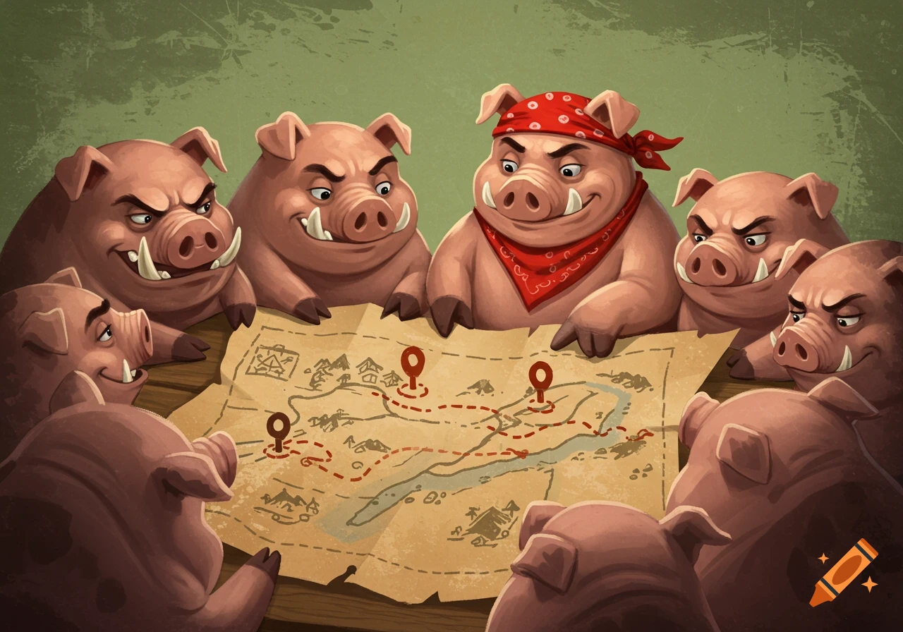 Cartoon pigs gather around a map, planning.