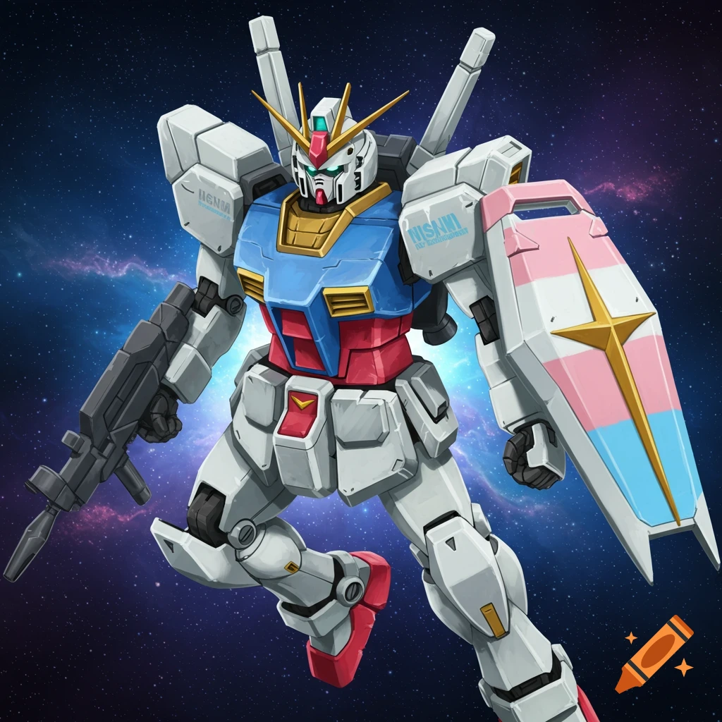 An anime-style robot, resembling a Gundam, floats in space with a shield colored like the trans pride flag.