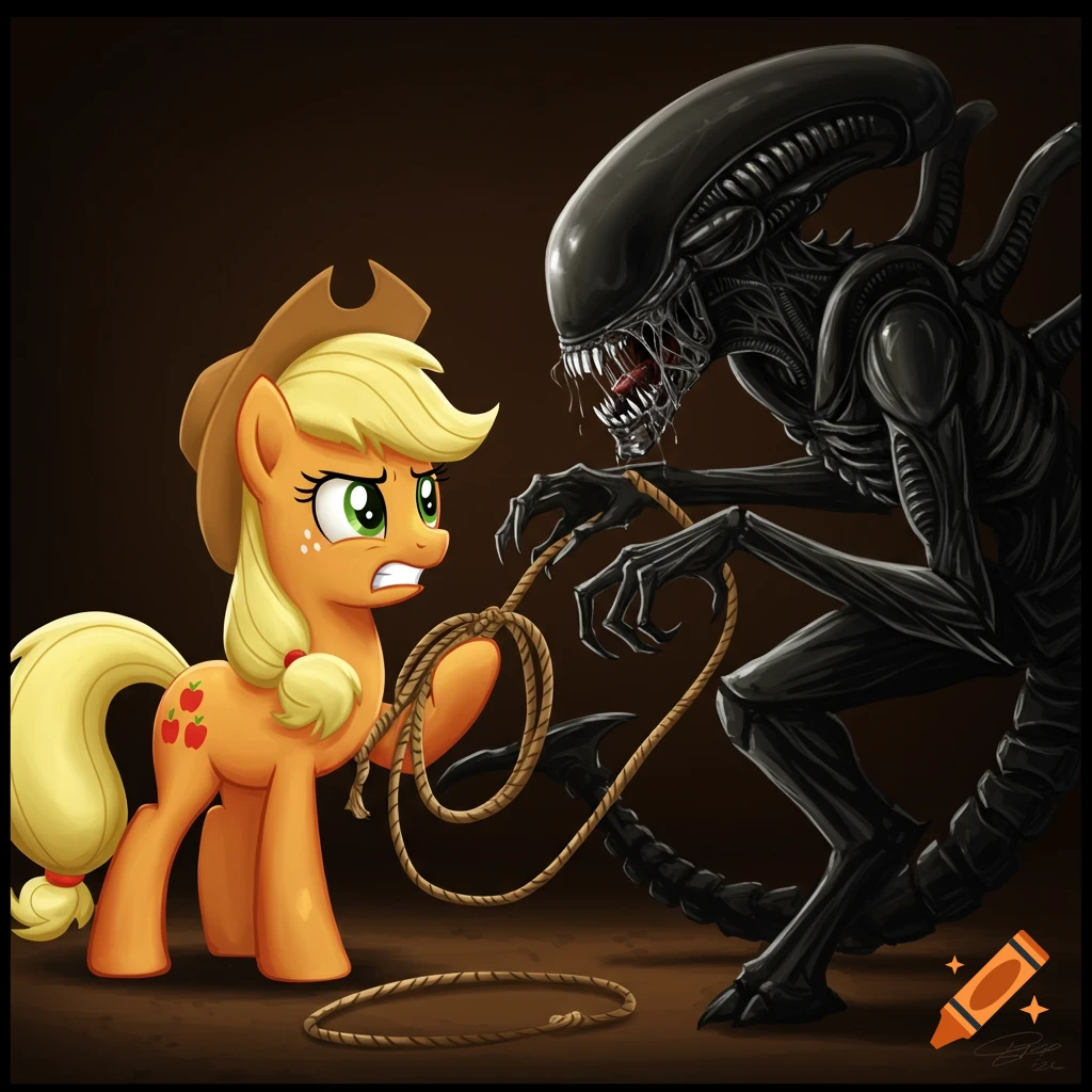 Digital painting of Applejack confronting a Xenomorph with a lasso.