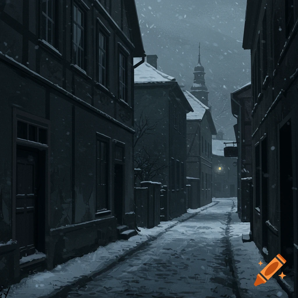 A snowy street scene looking down a lane between old buildings, with a light in the distance.