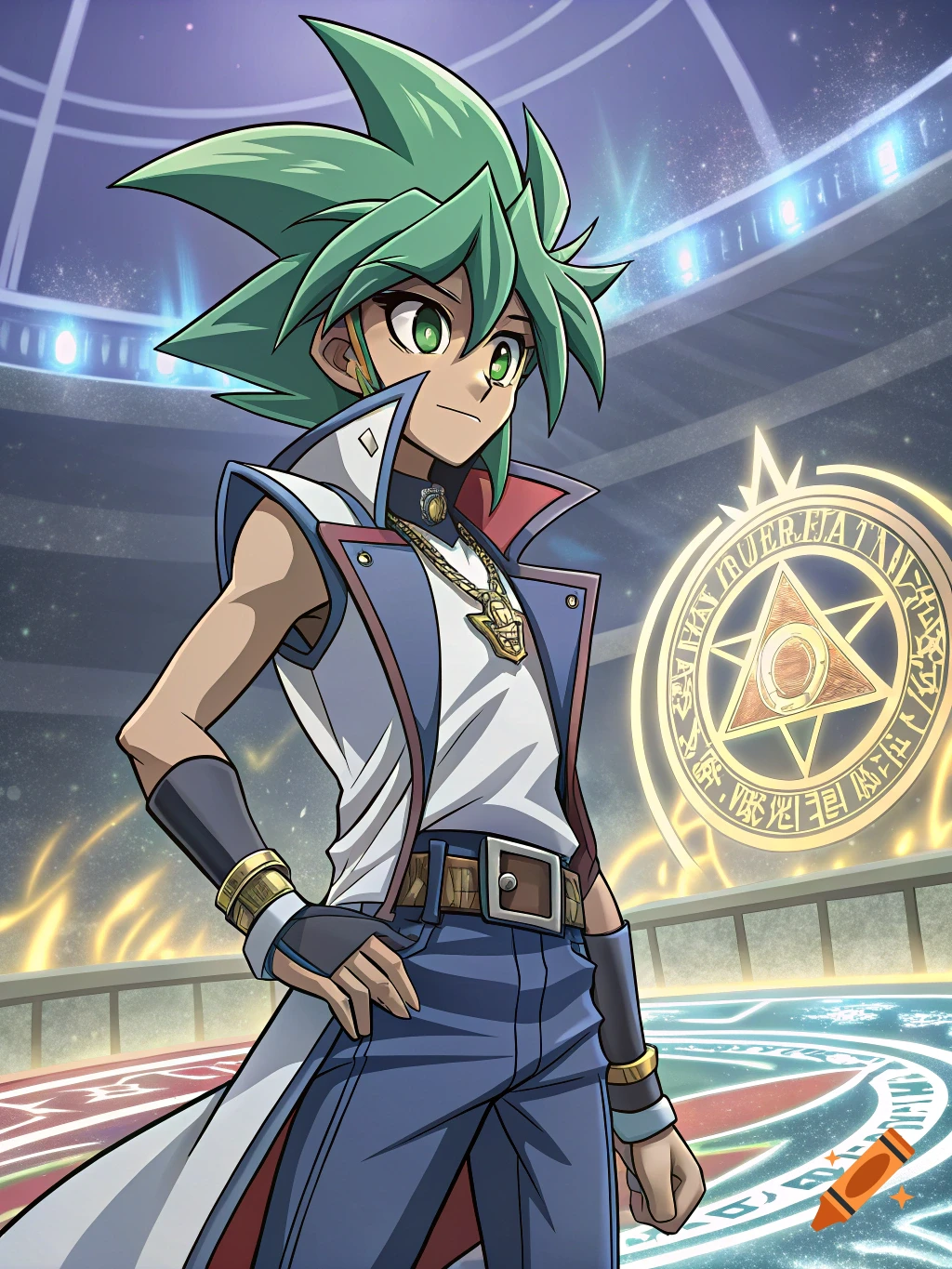 Anime character with green spiky hair in a duel arena with glowing symbols.
