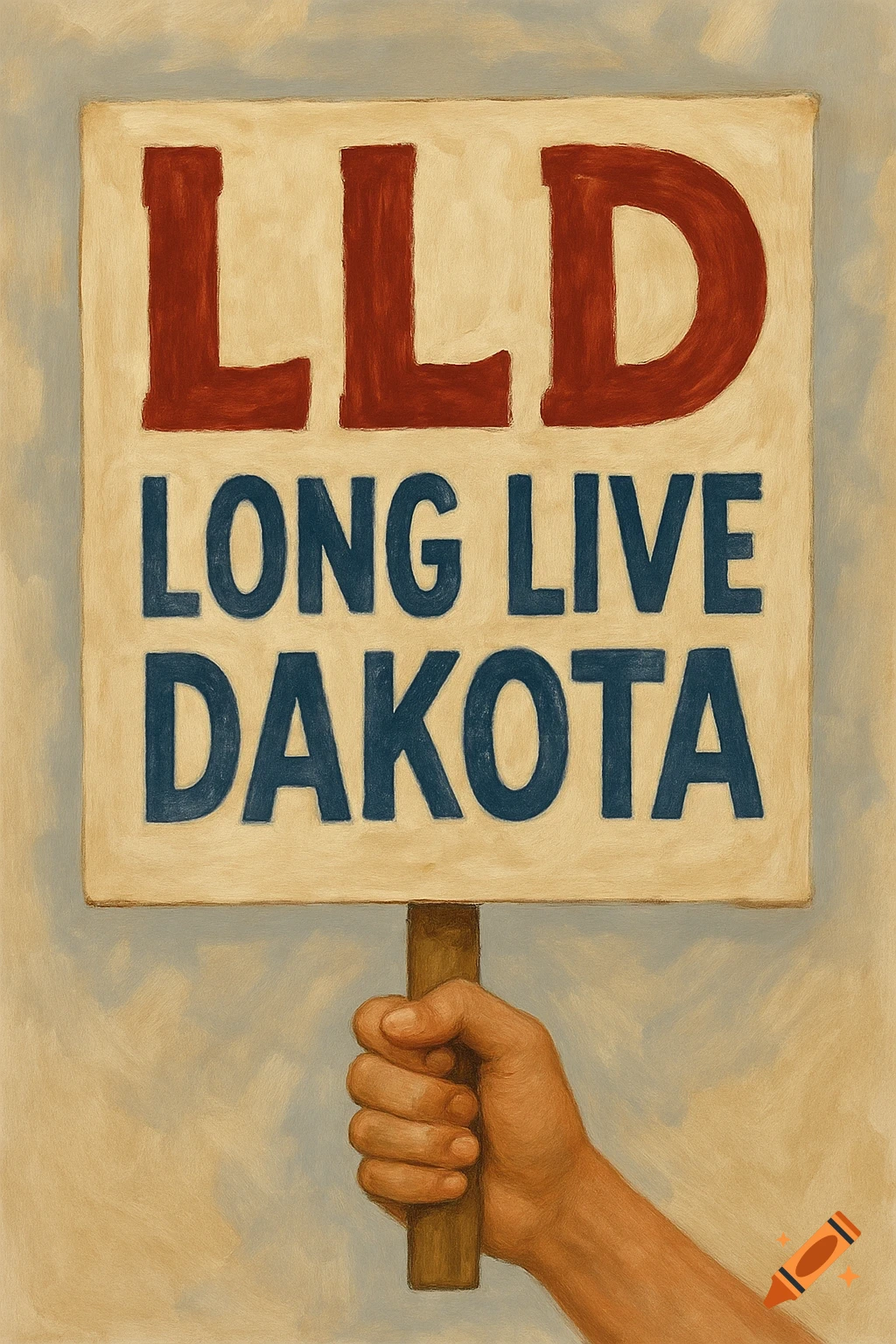 A hand holds a sign with the text 'LLD LONG LIVE DAKOTA' in a painted style.