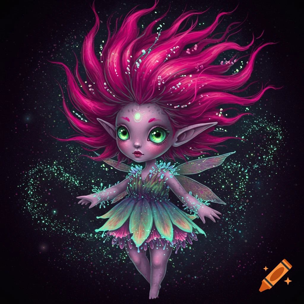 Stylized illustration of a small pink-haired fairy with big green eyes, leafy dress, and iridescent wings, floating with sparkles.
