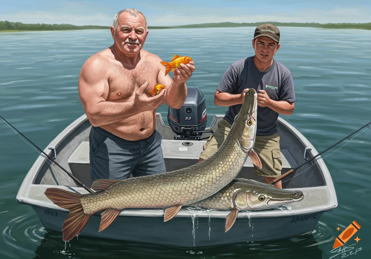 Two men in a boat, one holding goldfish, the other with a very large fish. Painted style.
