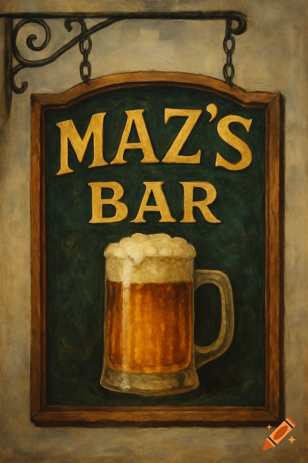 Painting of a pub sign that says 'MAZ'S BAR' with a mug of beer.