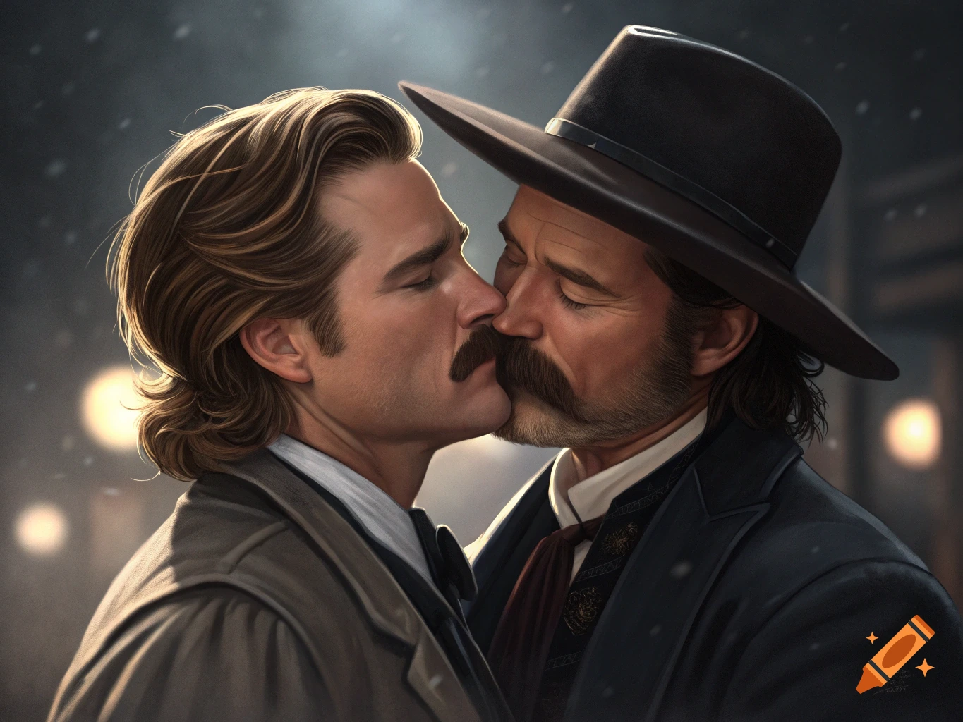 Portrait of two men with mustaches kissing, from the movie Tombstone.
