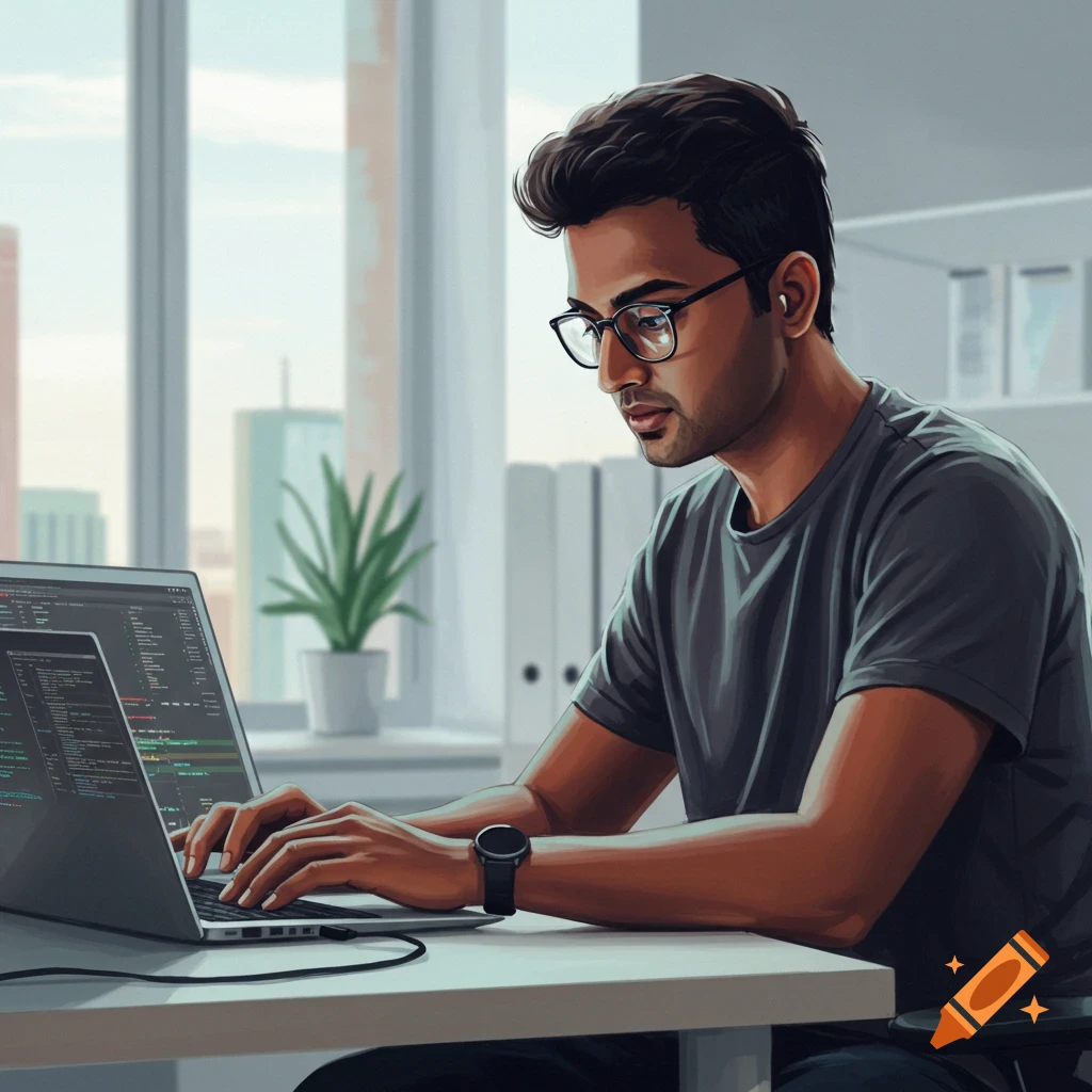 Man with glasses working on a laptop in an office.