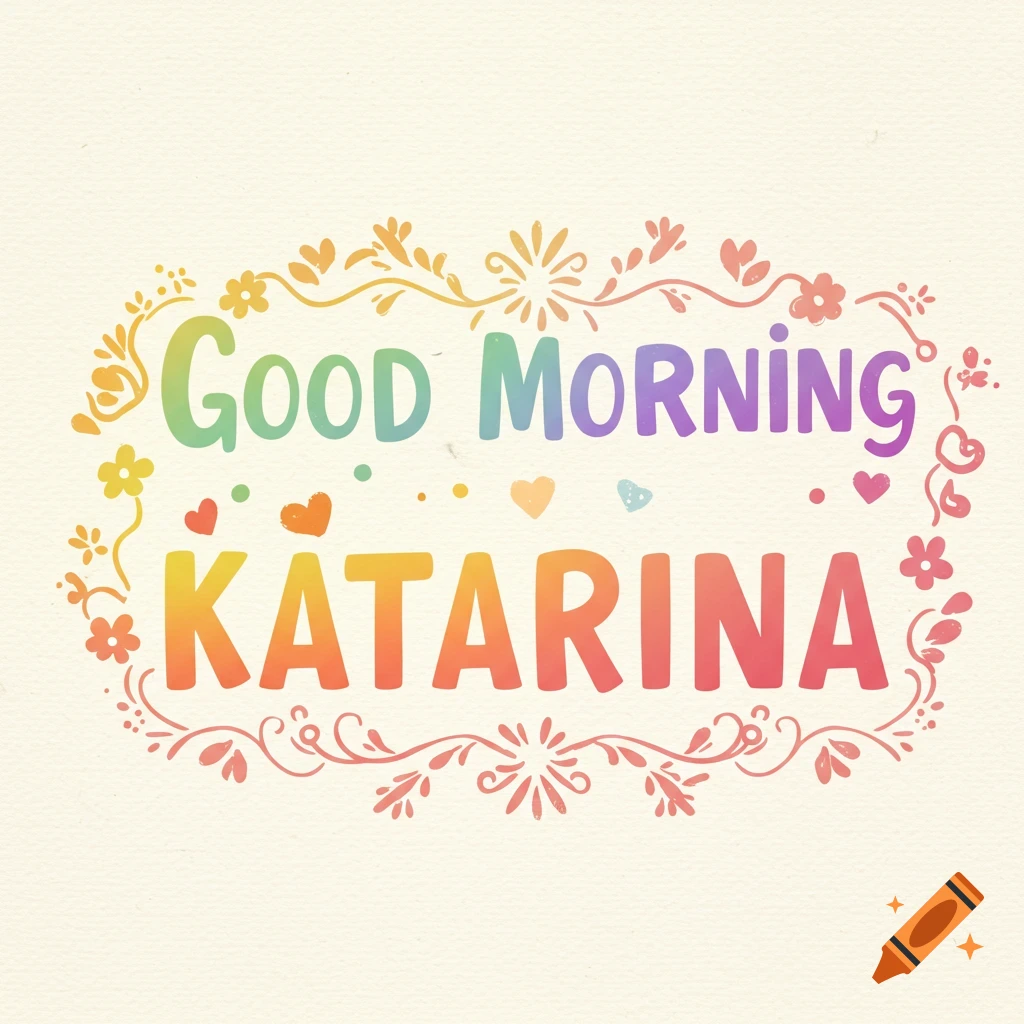 Colorful illustration saying 'Good Morning KATARINA' with hearts and floral decorations.