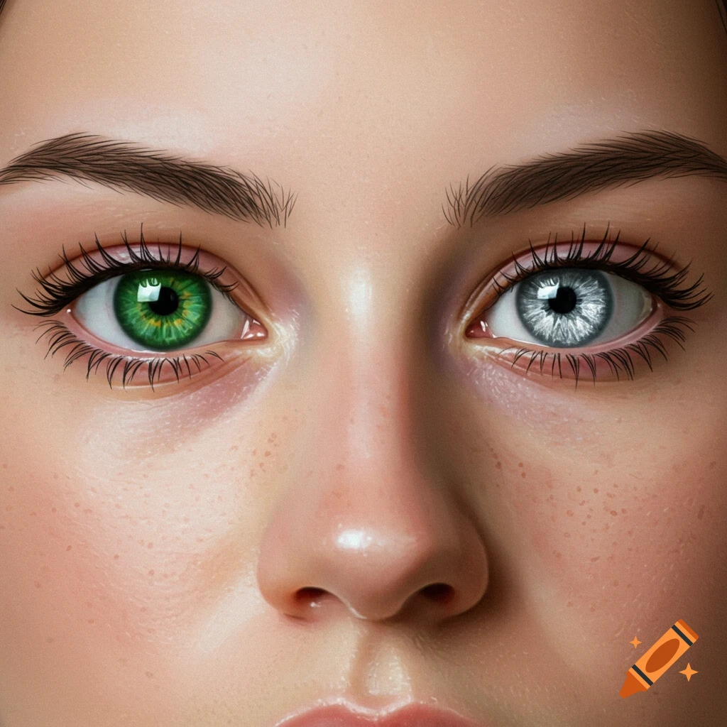 Close up of a woman's face with heterochromia, showing a green left eye and a silver right eye.