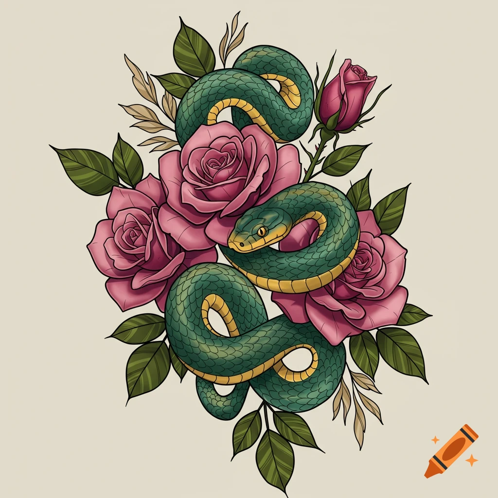 Green snake coiled around pink roses in a tattoo art style.