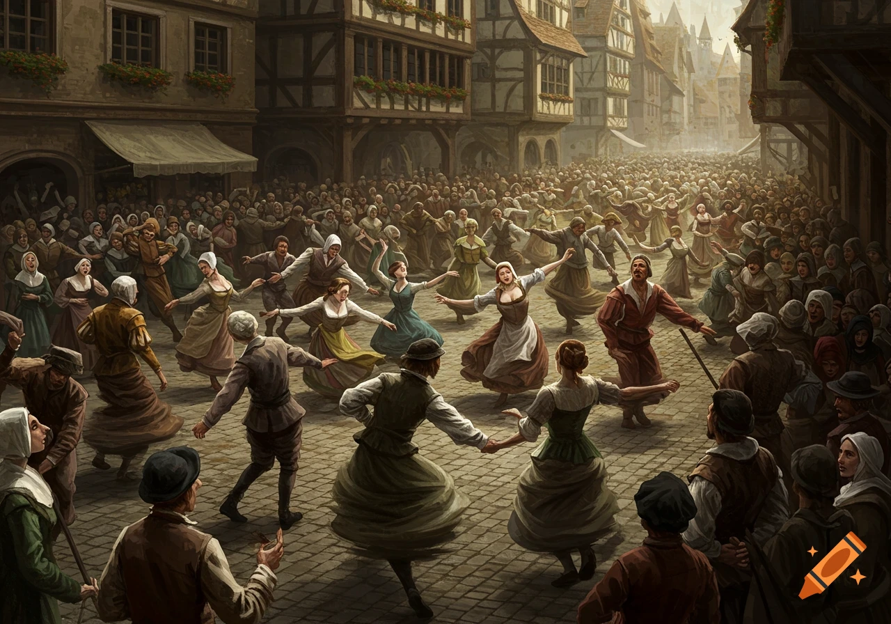 Large crowd in historical clothing dancing in a busy town square, painterly style.