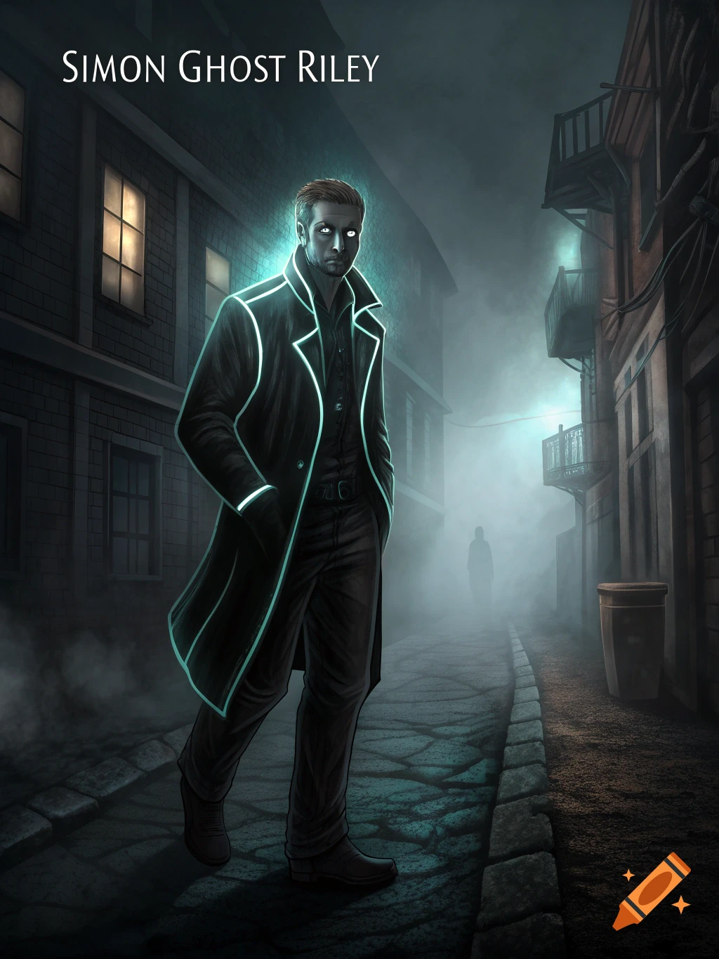 A man in a black coat with glowing blue trim walks down a foggy, dark street at night.