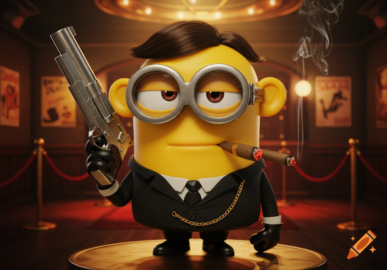 A Minion character dressed as a gangster holds a gun and smokes a cigar.