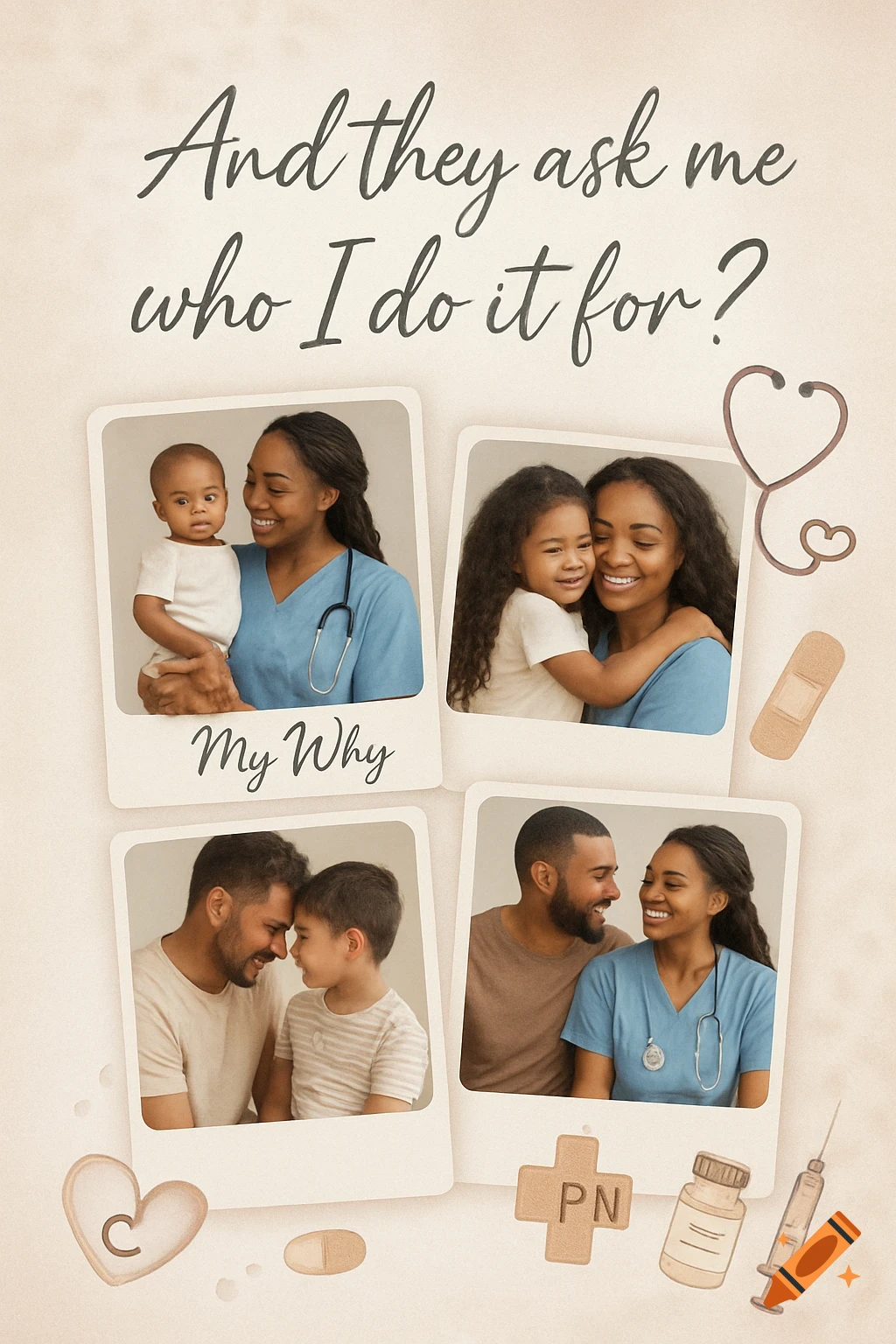 Collage with photos of a nurse and family, medical symbols, and text 'And they ask me who I do it for? My Why'